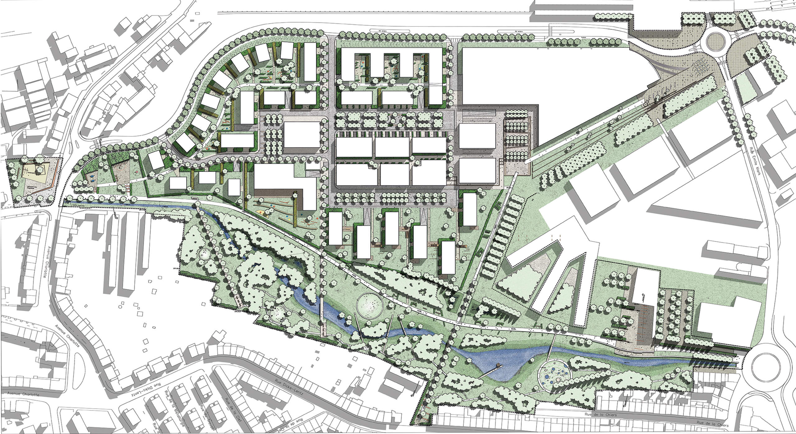 Plateau du Funiculaire in Differdange: a  large scale brownfield development on a former steel mill landfill